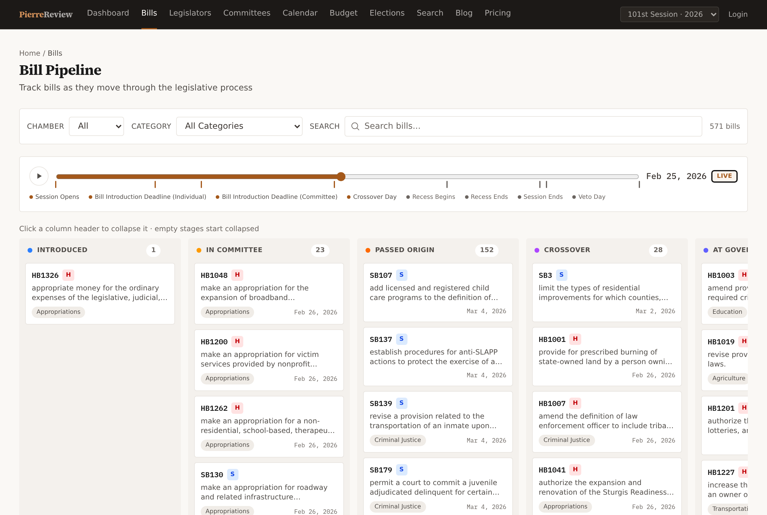 Bill pipeline kanban board scrubbed to February 25, 2026, with bills spread across the introduced, committee, passed origin, crossover, and Governor lanes