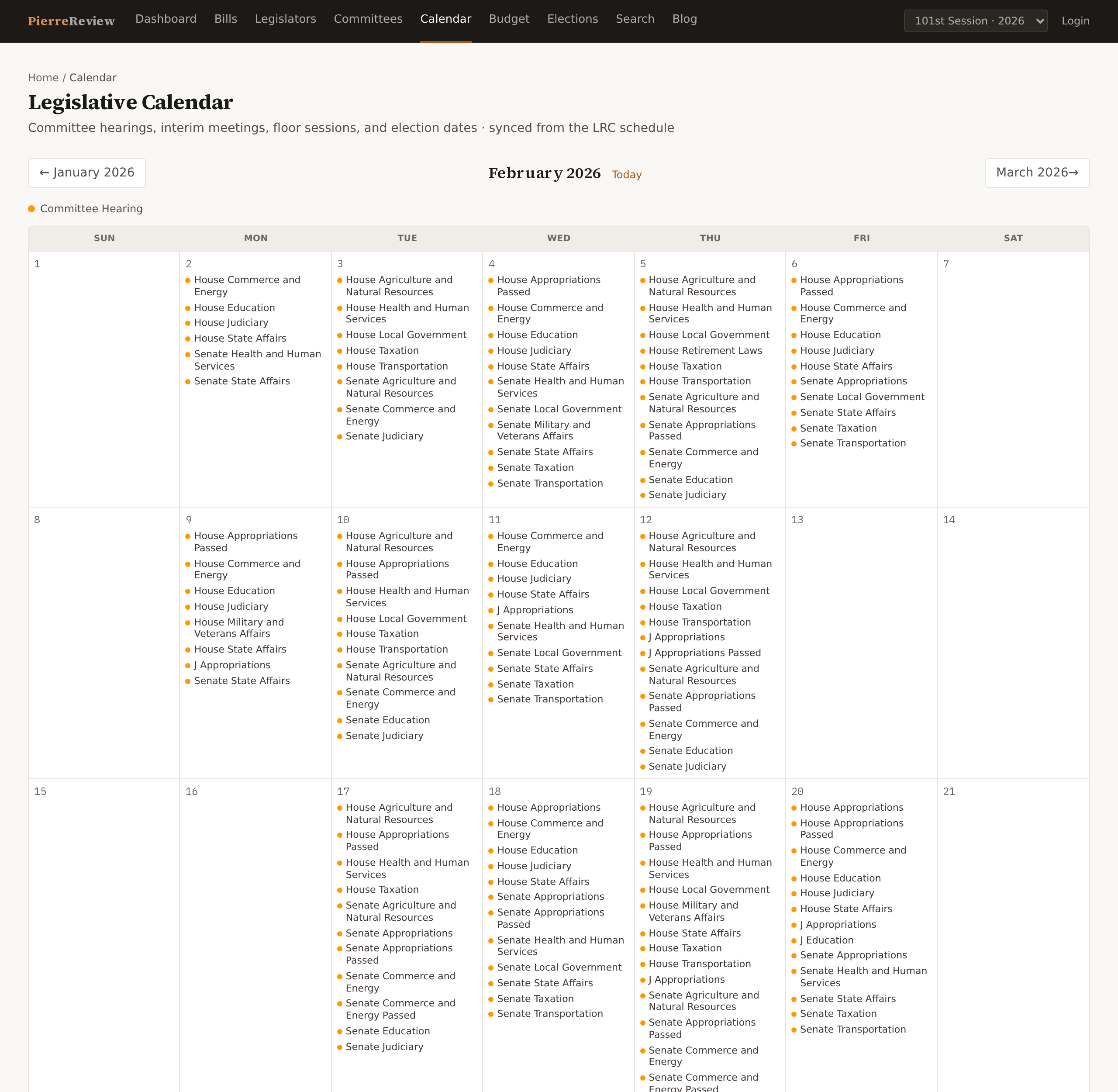 Legislative calendar for February 2026 showing more than a dozen committee hearings per day during the active session