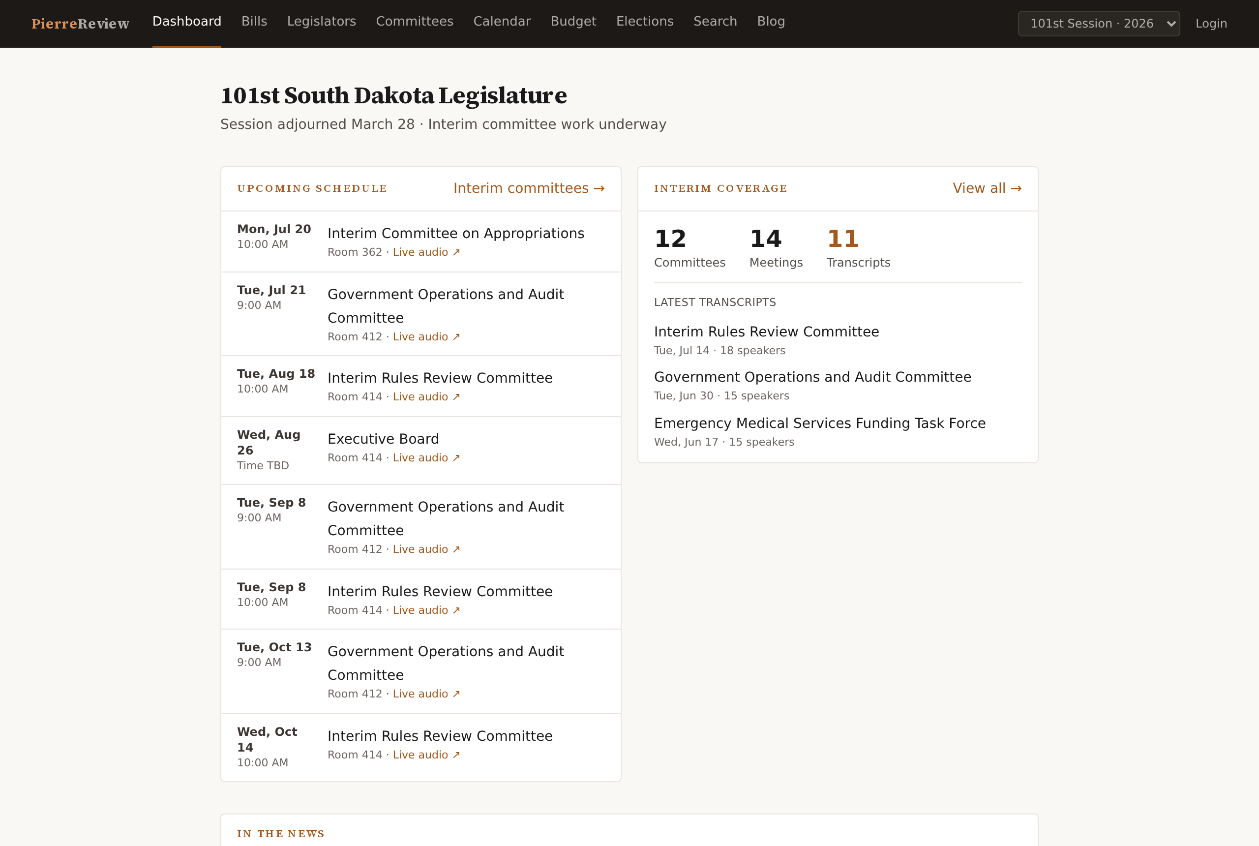 Pierre Review dashboard showing upcoming interim committee meetings, interim coverage statistics with transcripts, and latest news