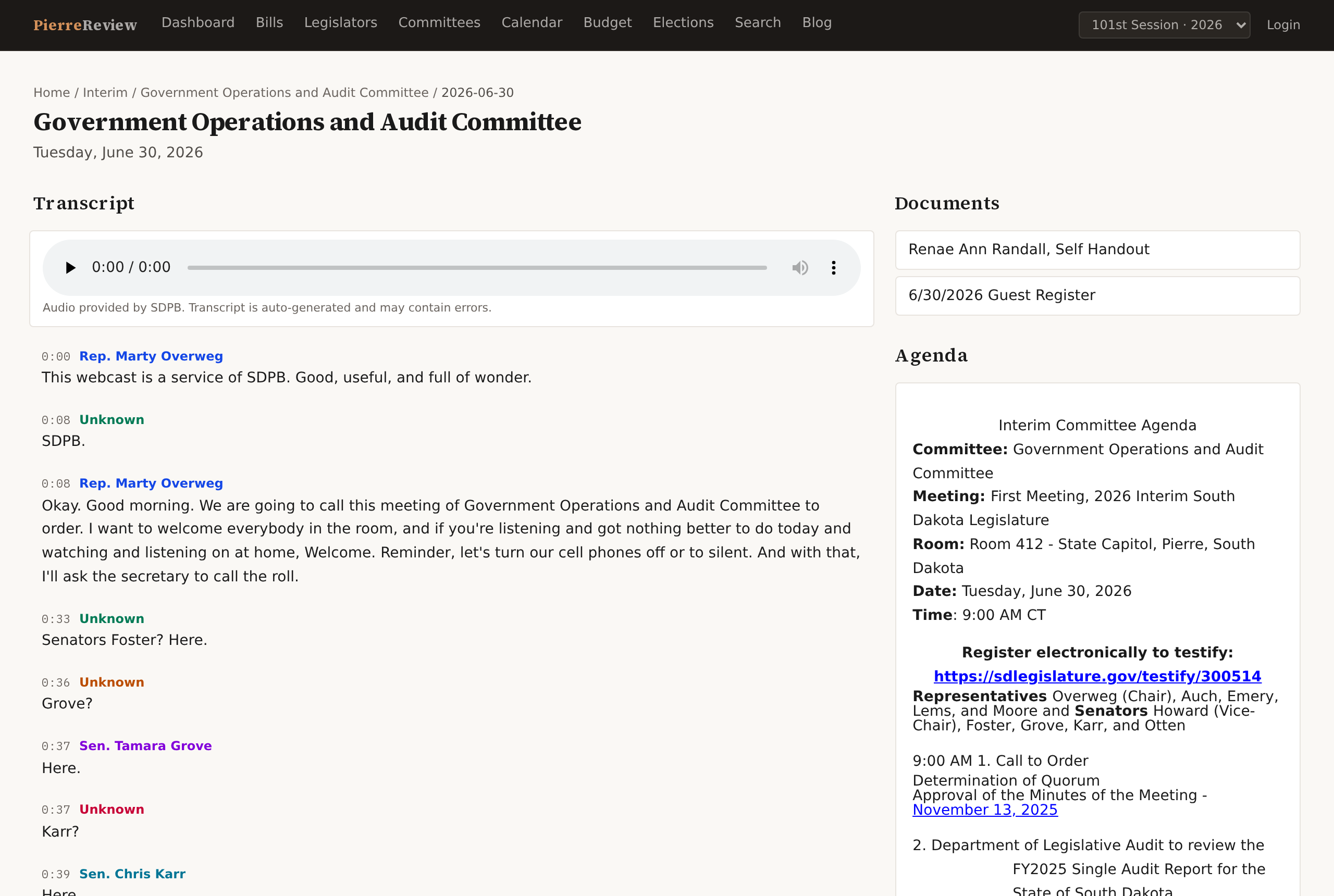 Interim committee meeting page showing a speaker-attributed transcript with audio player, meeting documents, and agenda